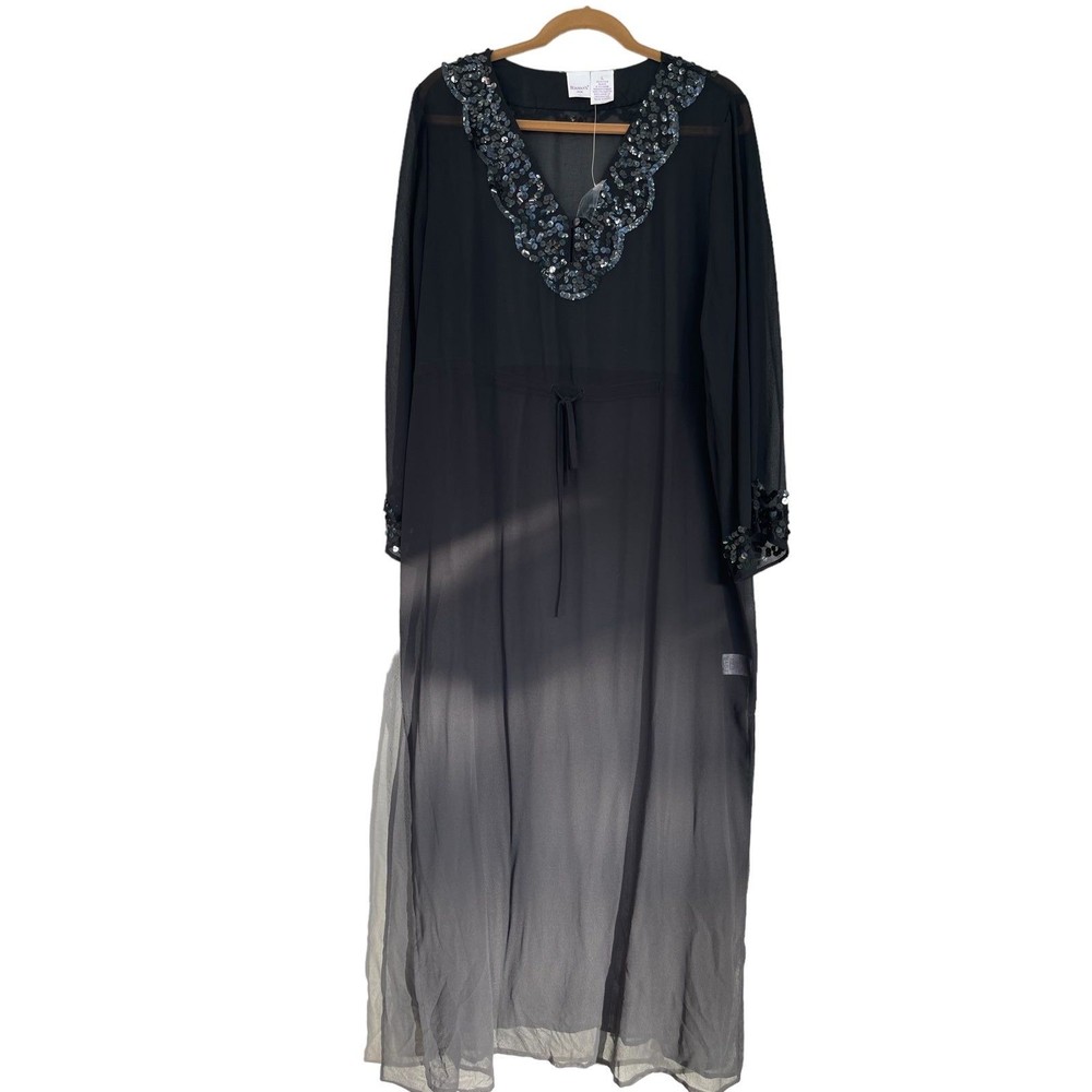 Romans swim coverup black sheer with sequin trim side slit tie‎ waist Large